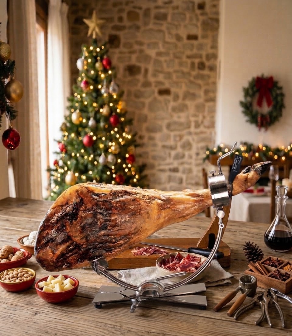 Iberico ham on a festive table beside a decorated Christmas tree